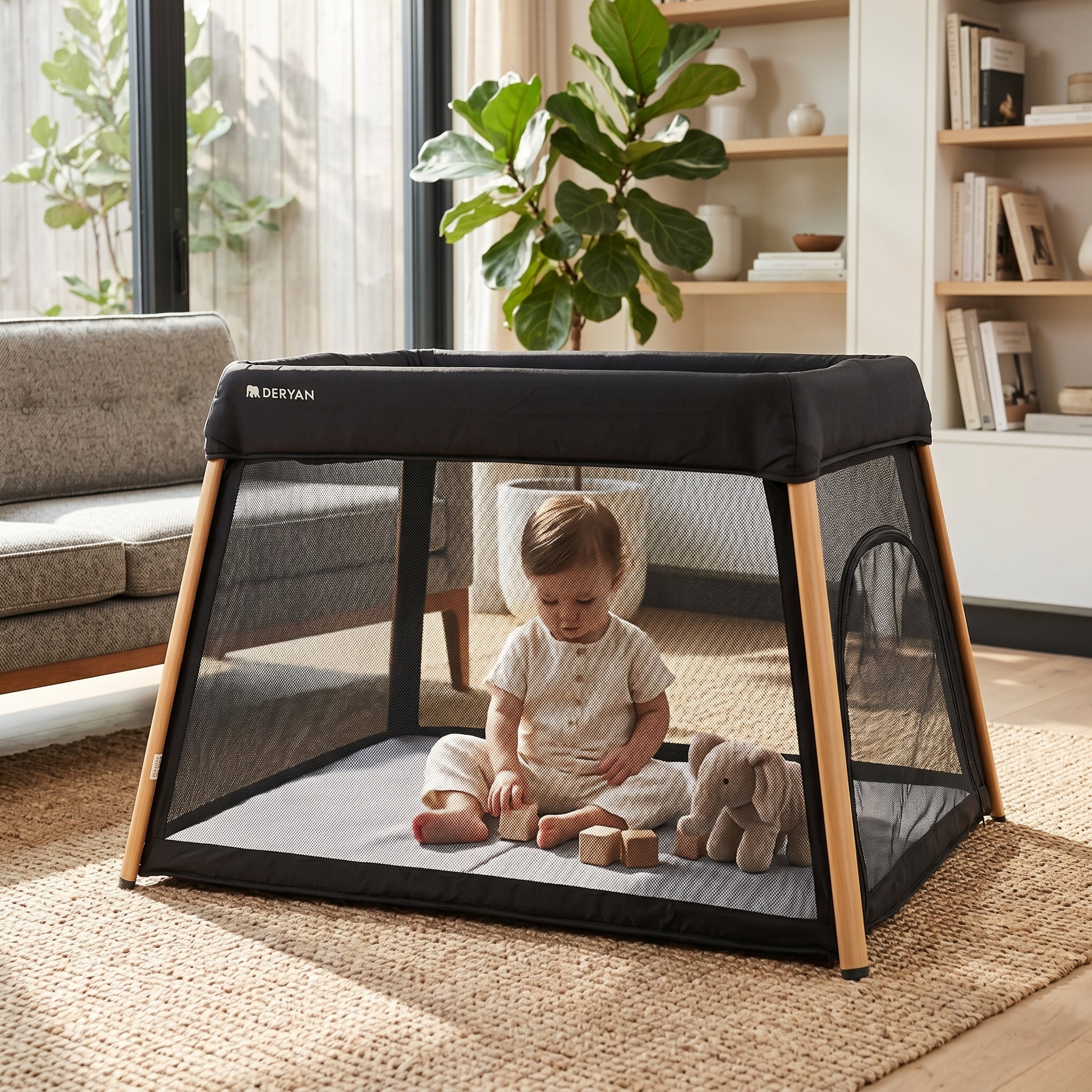 Cama de camping y parque infantil 2 en 1 - Incluye elevador de suelo - Aspecto de madera - Image 8