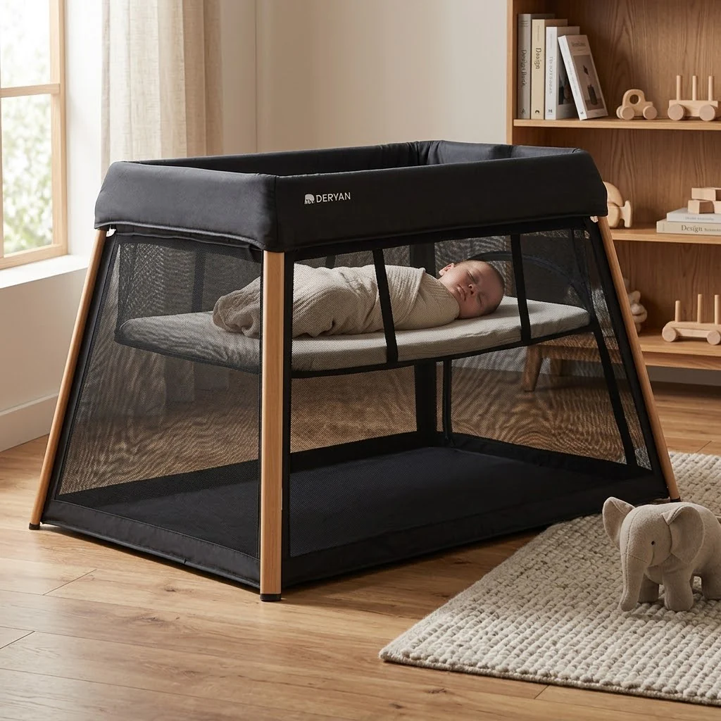 Cama de camping y parque infantil 2 en 1 - Incluye elevador de suelo - Aspecto de madera - Image 9