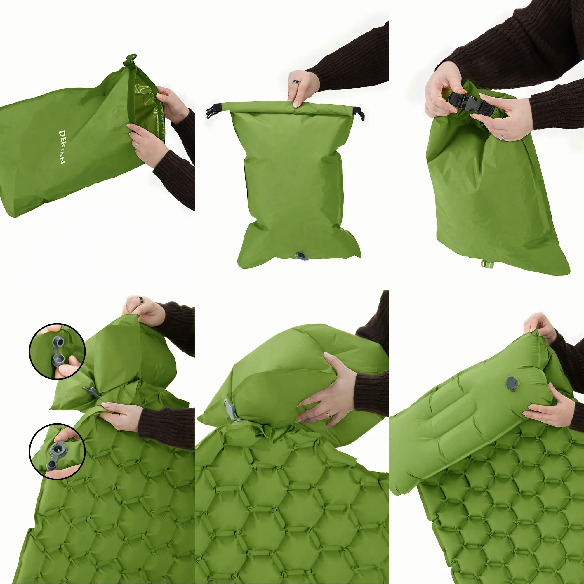 Colchón hinchable Deryan - Colchón hinchable para acampada - Con bolsa incluida - Verde - Image 10