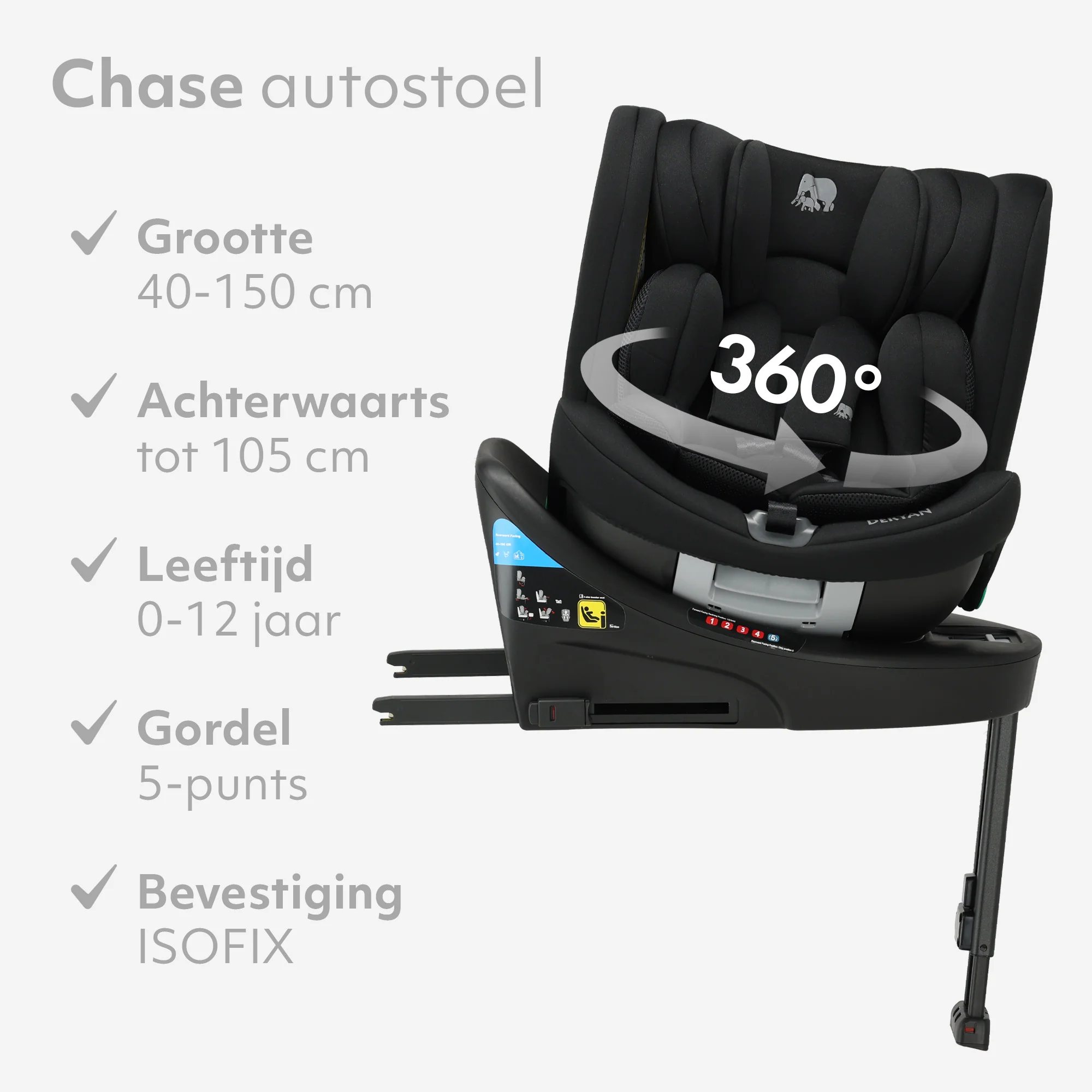 Silla de coche Chase Luxe i-Size - 0-36 kg - Pata de apoyo Isofix - Giratoria 360° - Negro - Image 6