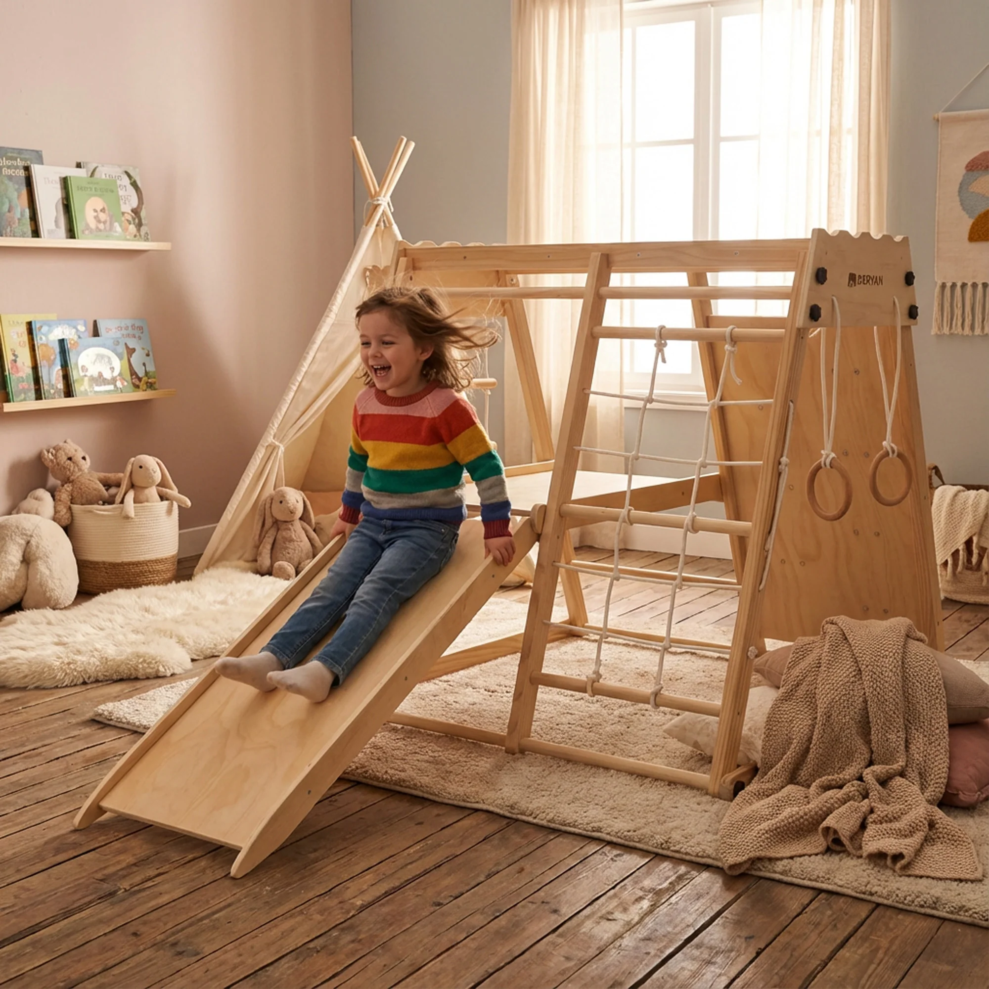 Escalador de madera de lujo - Equipo de juego para niños - Con tobogán + muro de escalada y accesorios - Image 4